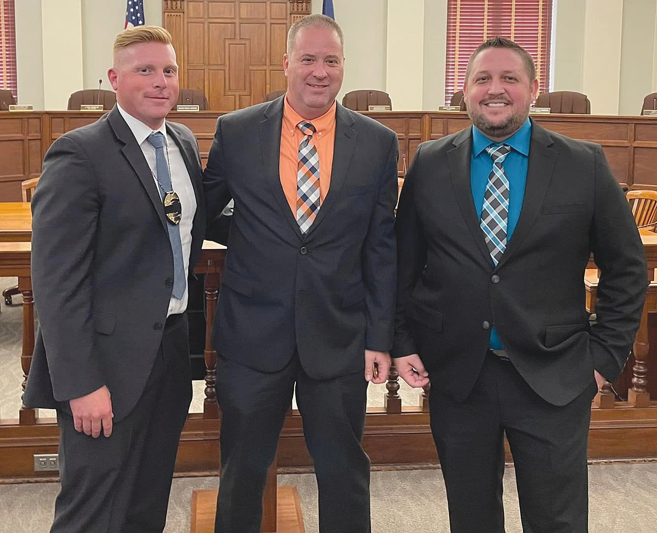 The Crawfordsville Police Department conducted a promotion ceremony on Tuesday at the City Building. Detective Sgt. Jared Templeman, left, was promoted to Detective Lieutenant; Sergeant Jared Colley, center, was promoted to Lieutenant; and Officer Kevin Cornell, right, was been promoted to Sergeant.